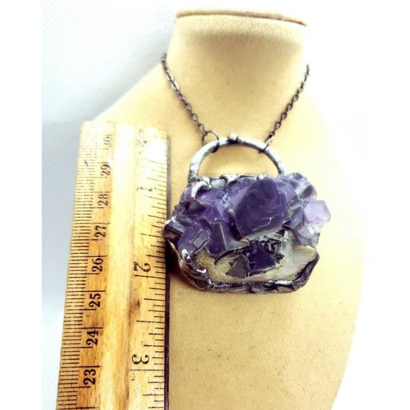 Huge Purple Flourite Octohedral crystal necklace  handmade gothic fantasy metal - Picture 12 of 12